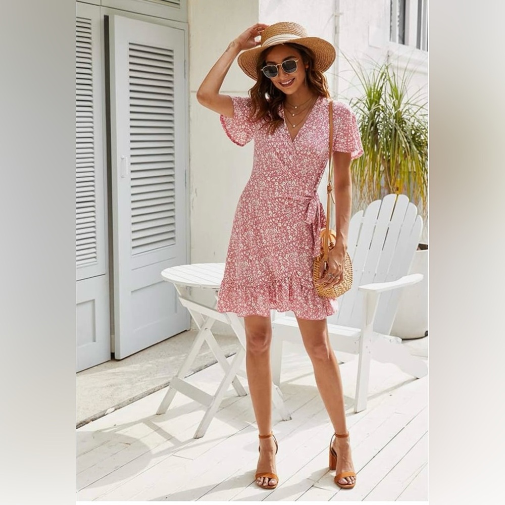 Naggoo Women's Summer Wrap V Neck Short Sleeve Mini Ruffle Floral Dress w. Belt - Picture 2 of 8